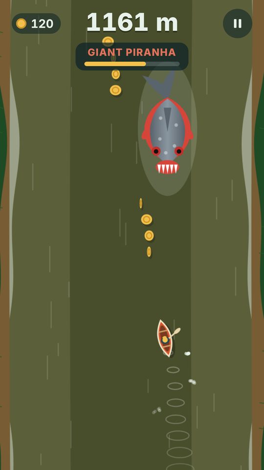 Paddler gameplay: a giant piranha boss charging down the river