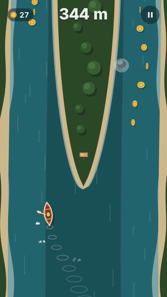 Paddler gameplay: paddling past a forest island with coins ahead